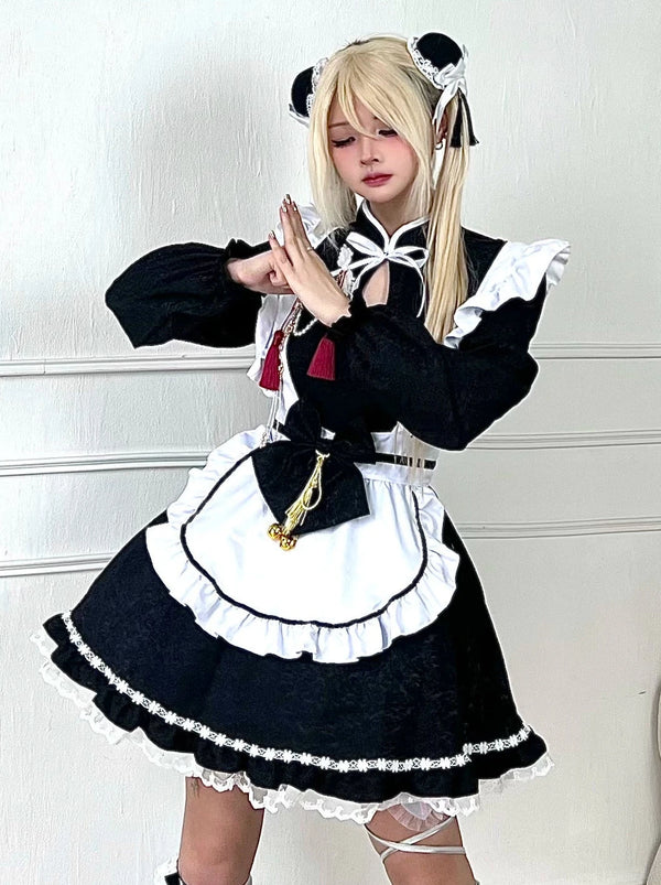 Black and White China Maid Ribbon Apron Dress Set [Short Sleeve and Long Sleeve].