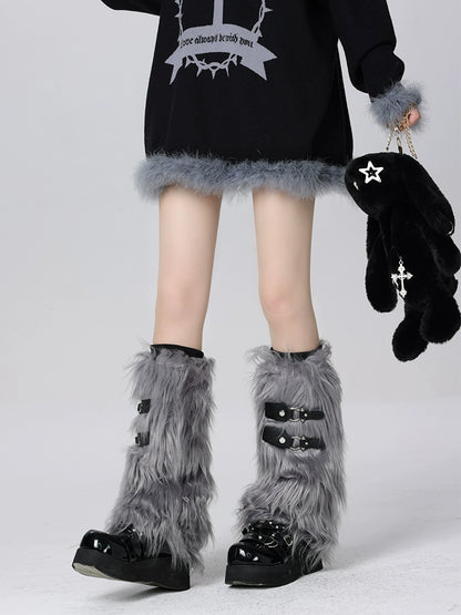 Dark Leather Buckle Subculture Fur Leg Warmers