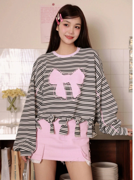 EFONI Officially Licensed Pink Bow Ruined Edge Long Sleeve T-Shirt Women's Spring and Autumn New Loose Jacket