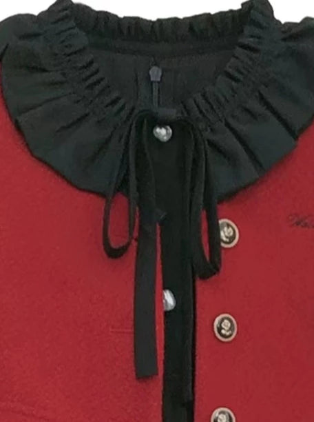 レトロエレガントスーツレッドショートジャケット＋ブラックフリルランタンスリーブドレス＋リボンタイ