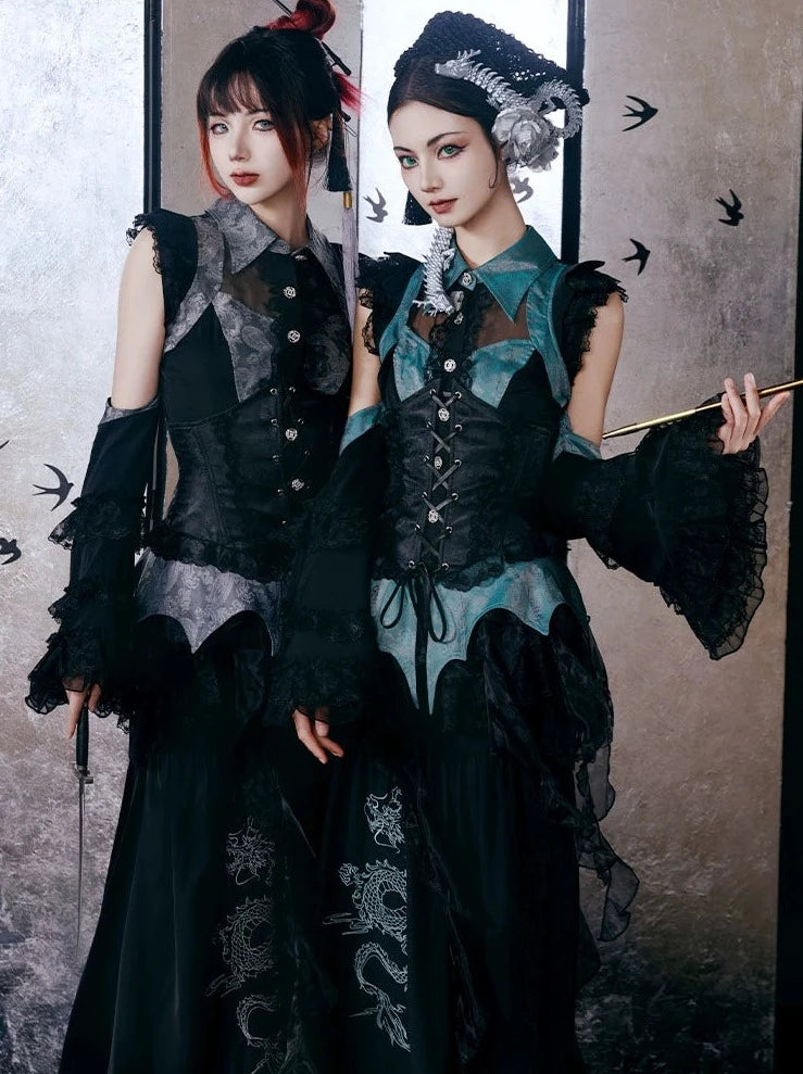 Chinese Gothic Subculture Fishtail Skirt + Top + Waist Corset