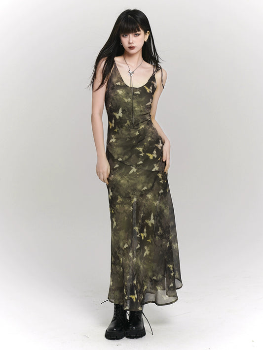 Ghost Girl's original new Chinese women's clothing Chinese style green butterfly slip dress for women with a cold sense of wear