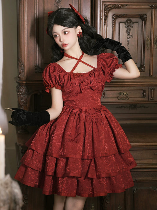 Thorn Rose Original Lolita Dress Genuine Short Sleeve OP Three-Piece Puffy Skirt Red Lolita Dress LO Skirt