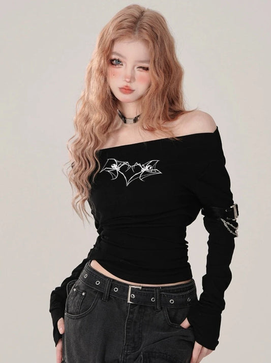 Kelly Kitty Hunting Sister Black Grey One Shoulder T-shirt Sweet and Spicy Girl Style Long sleeved Top Women's Spring and Summer New Style