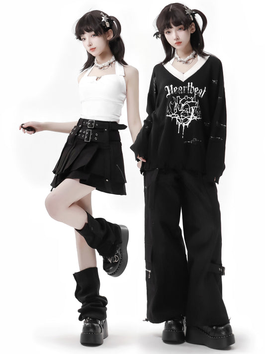Pinksavior [Song of Satan] original dark sweet cool loose double-sided woven printed sweater spring and summer thin
