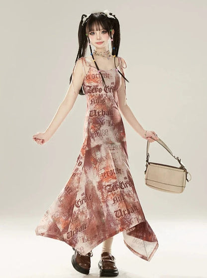 11SH97 Newspaper Print Strappy Long Dress Women's Summer American Hottie Irregular Hem Slim Slip Dress