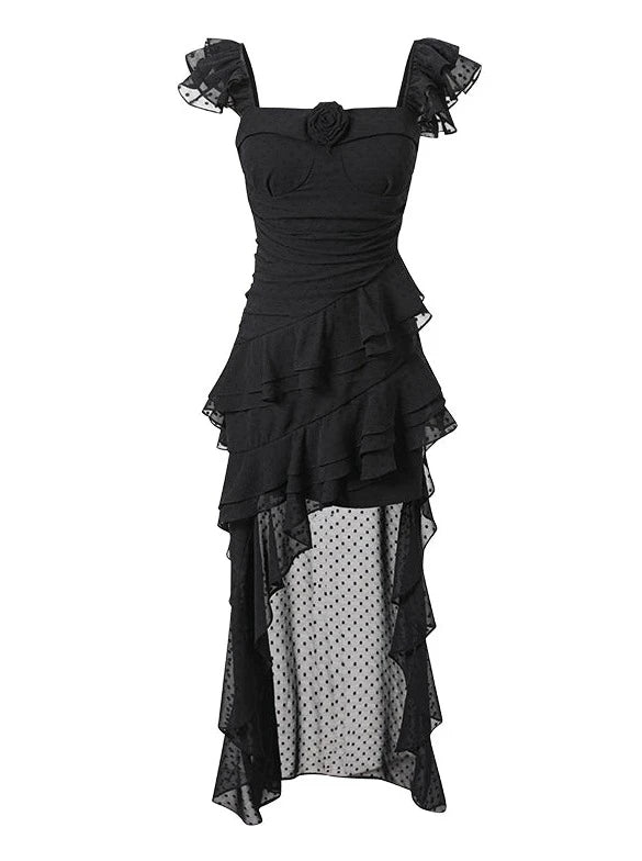 シアードットアシメフライングスリーブフラワーポイントワンピース