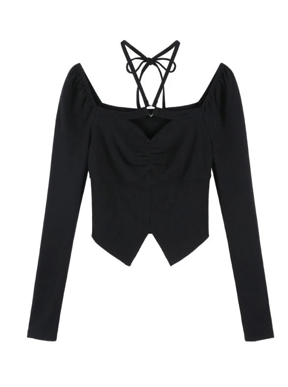 Slit cross-neck design slim top + ruffle tiered skirt