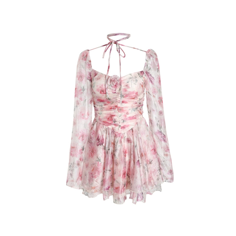 FOR WHY Officially Licensed Tea Break Cross Tie Pink Floral Dress Women's French Long Sleeve Short Skirt