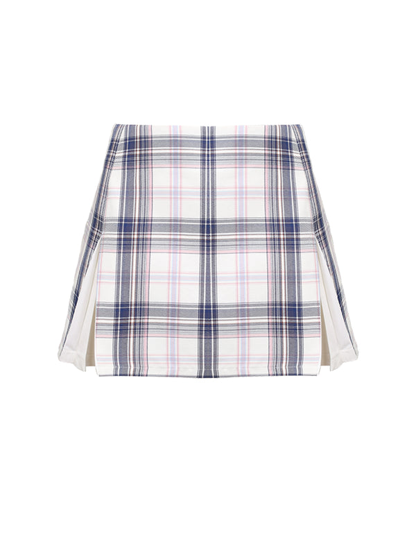 Gray Knit Cardigan + Shirt + Check Skirt