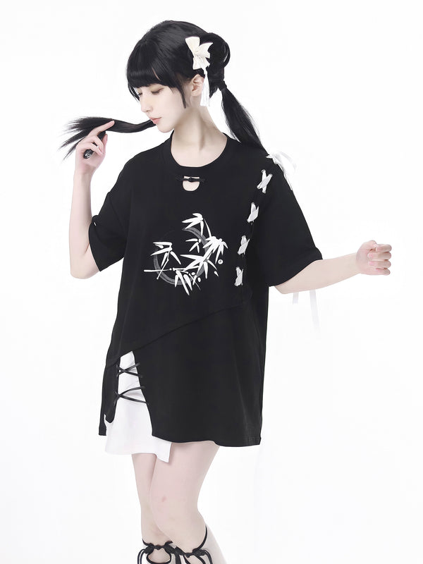 チャイナストラップステッチイレギュラーTシャツワンピース