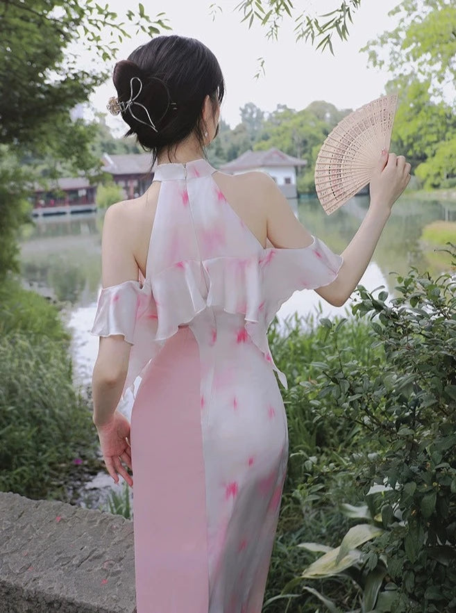 四斤自制经典陶可原创创新中式改良粉色简约日常旗袍印花连衣裙