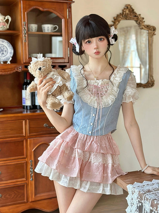 Spring and Summer New】Ochaya Buttercream Frosting Sweet and Cute Pure Desire Puffy Princess Dress Set