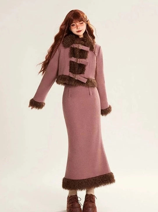 Splicing wool fur short jacket + long skirt