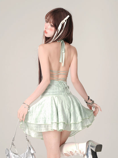 Mint Green Halter Neck Ruffle Dress