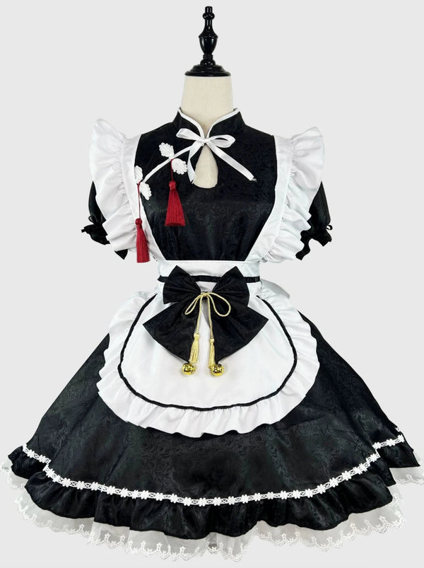 Black and White China Maid Ribbon Apron Dress Set [Short Sleeve and Long Sleeve].