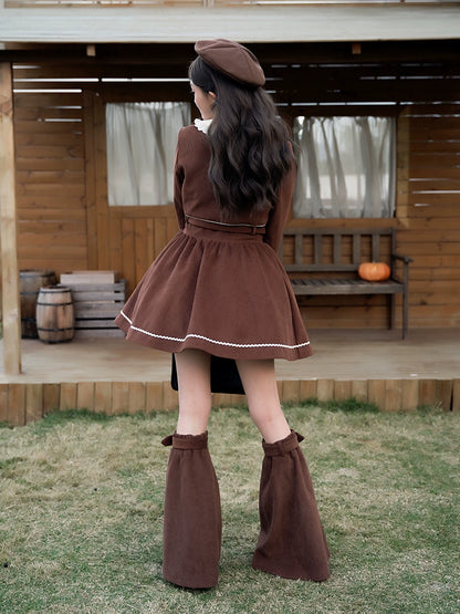 Brown girly short jacket + shirt + flared skirt