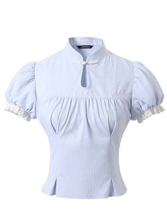 French shirt puff sleeve shirt + lace up high waisted skirt