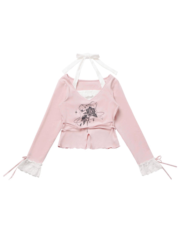 ガーリーフラワーピンクトップス＋ホワイトレーススカートデザインセット