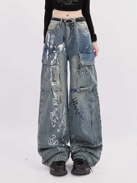Rayohopp jeans women's spring trendy brand retro personality graffiti multi-pocket design drape straight leg pants bf