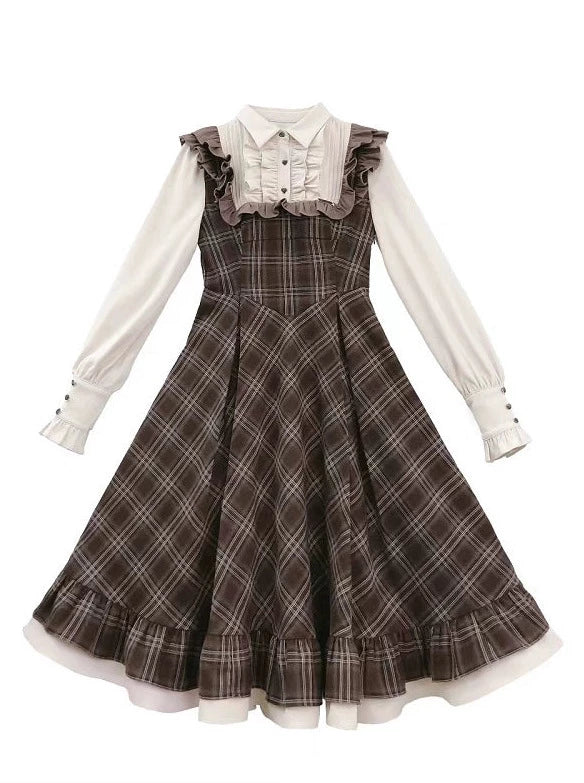 Retro Brown Check Volume Sleeveless Layered Dress + Pearl Ribbon Accessory + Classic Belt Coat [Reserved Item