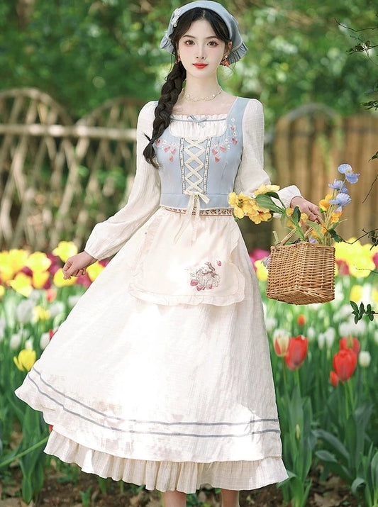French pastoral style suit, waist embroidery, fake two-piece dress, Sen women's super fairy, sweet princess skirt, small man