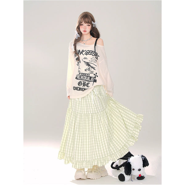 Dot Ribbon A-Line Long Skirt + Check A-Line Long Skirt