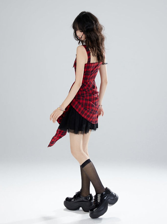 Retro Check Waist Slim Suspender Dress