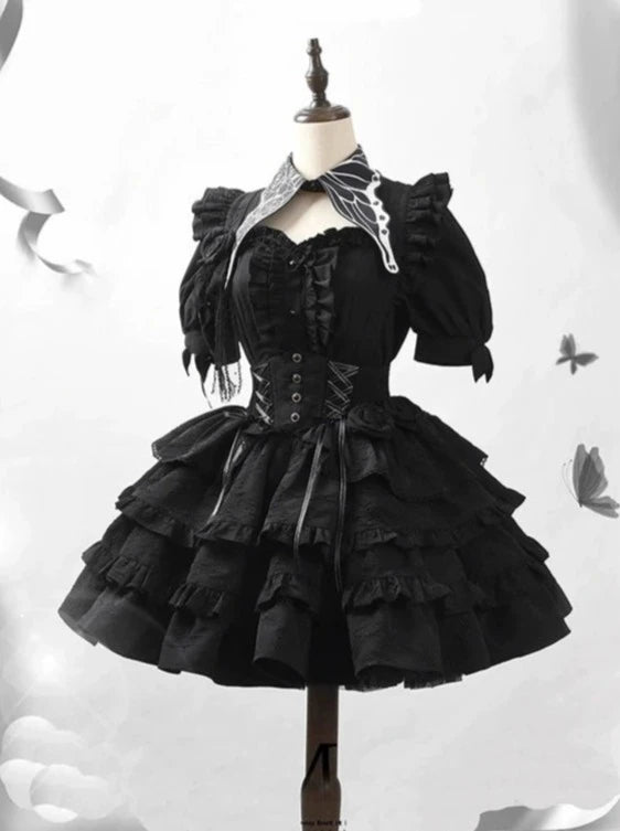 Dark Ruffle Lace-Up Lolita Skirt