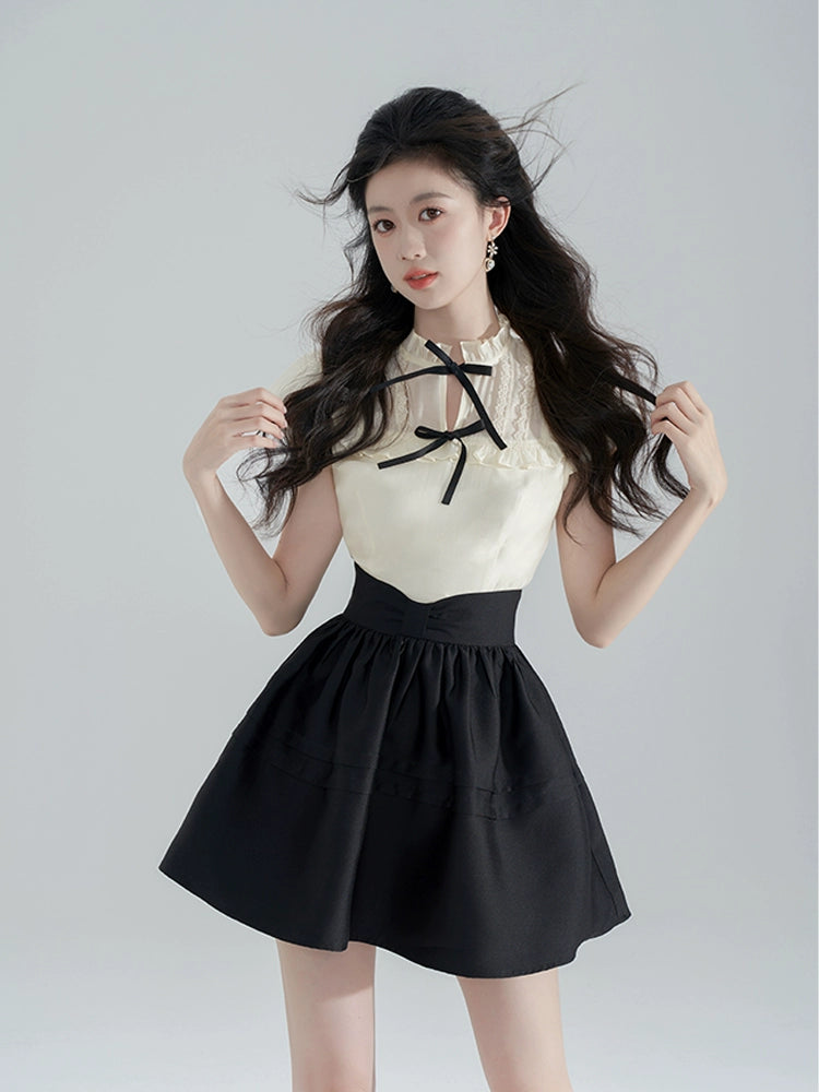 Ribbon neck sleeveless top + flared skirt