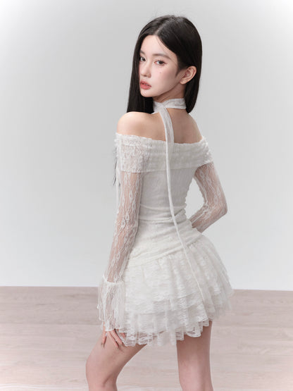 Fragileheart Fragile Shop Moonlight Lovers White Lace Knit One-Shoulder Top Set