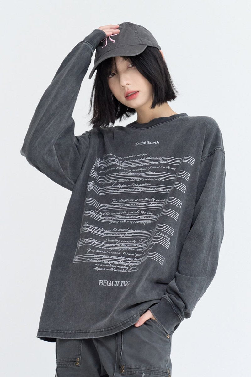 Music Note Print Long Sleeve Tops