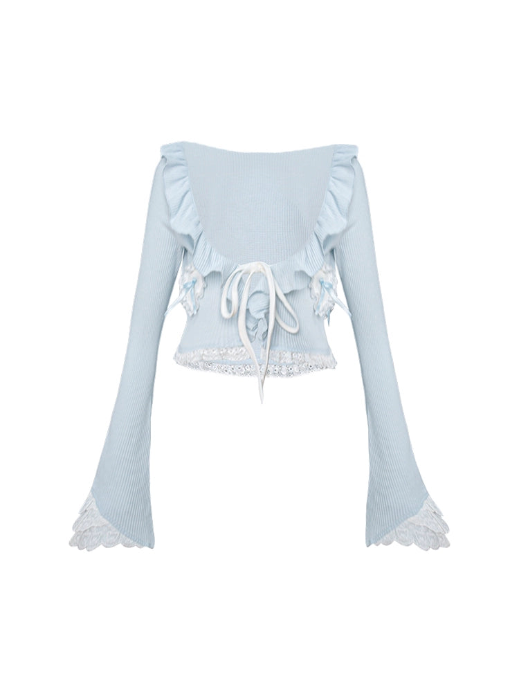 Frilled Ice Blue Cardigan + Camisole Top + Tiered Skirt