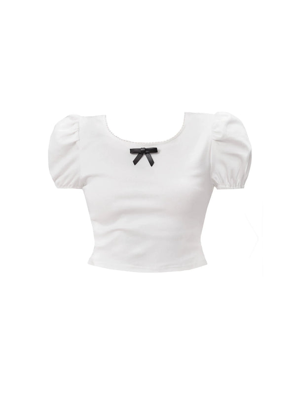リボンパフスリーブショートトップス