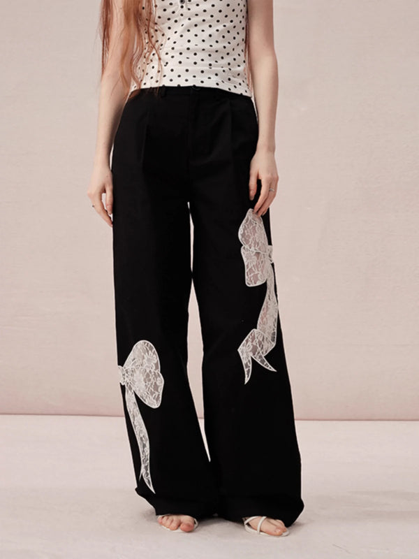Wide Straight Pants with Side Lace Ribbon