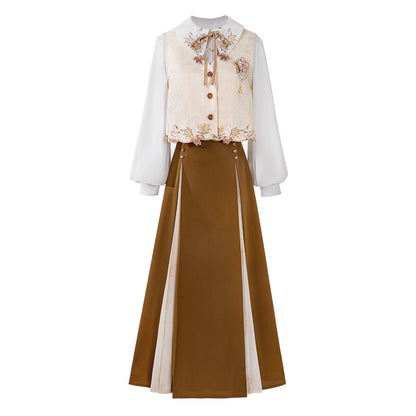 Retro Autumn Chinese Best+Shirt+Skirt