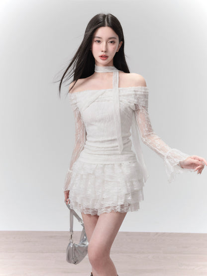 Fragileheart Fragile Shop Moonlight Lovers White Lace Knit One-Shoulder Top Set