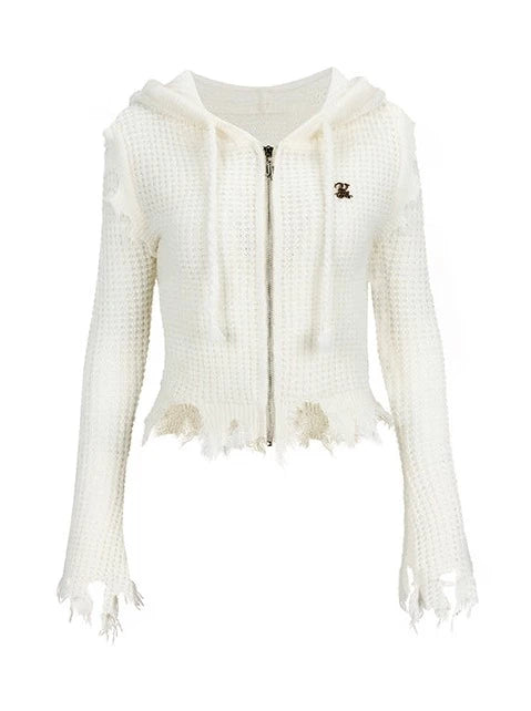 ワンポイントロゴダメージニットフードジップアップパーカー