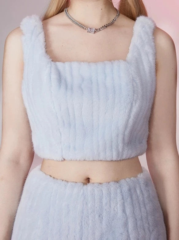 Milky Blue Far Court + Fur Camisole Tops + Fur Short Pants