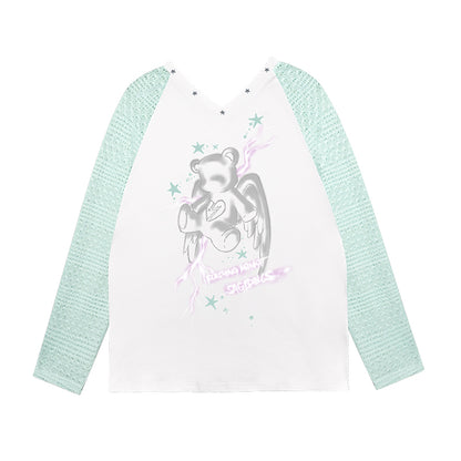 Mint Green Bear Print Raglan Neck Top