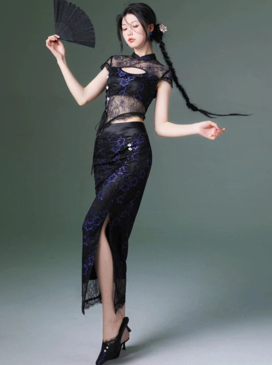Four-pound homemade broken cup original new purple sequin lace national style waistless top and skirt two-piece suit