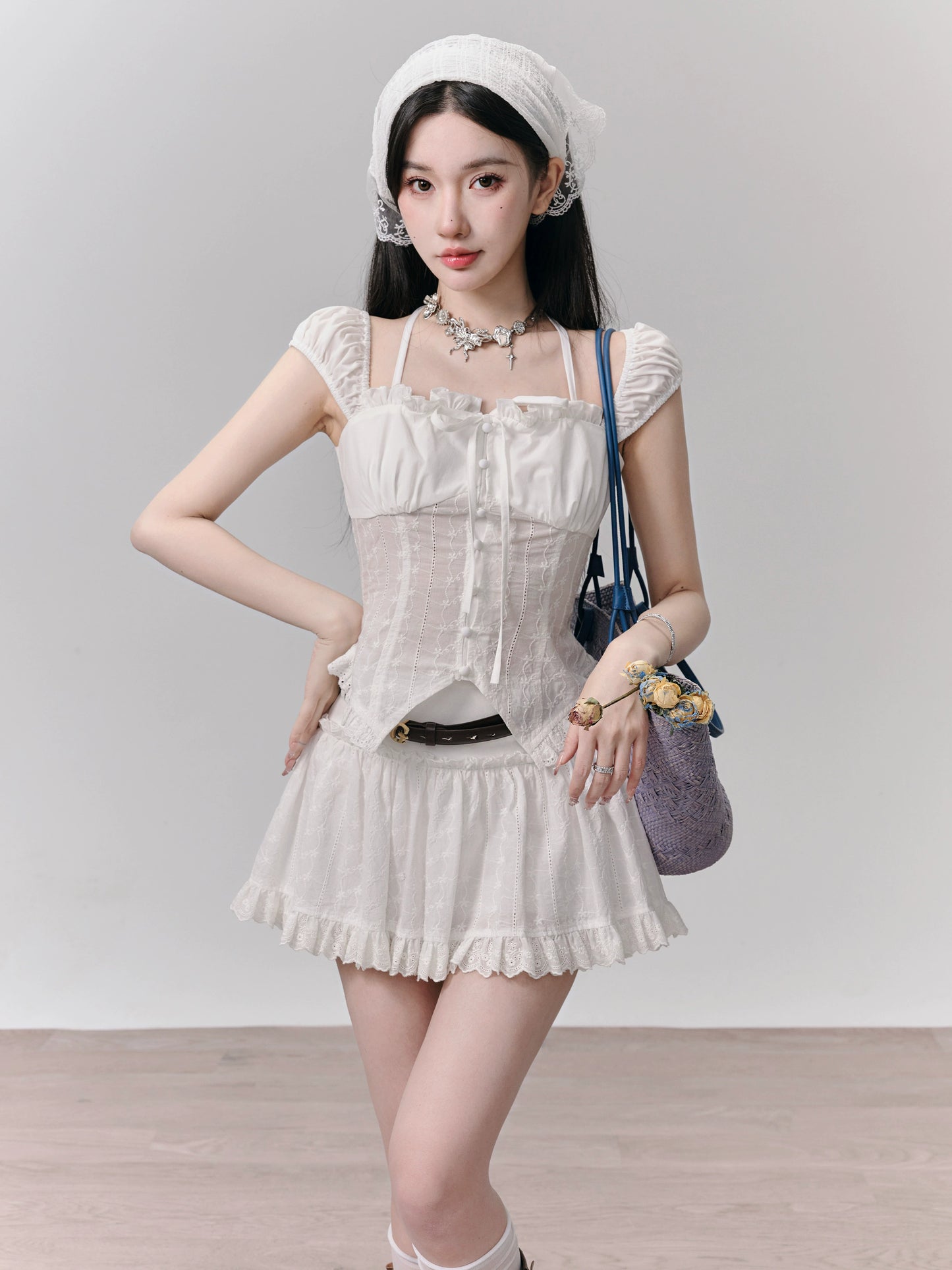 Lace cotton pure white top + short skirt