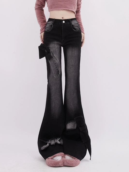 Rayohopp Jeans Women's Spring American Retro Trendy Brand Bow Distressed Design Versatile Spice Girl Bootcut Pants