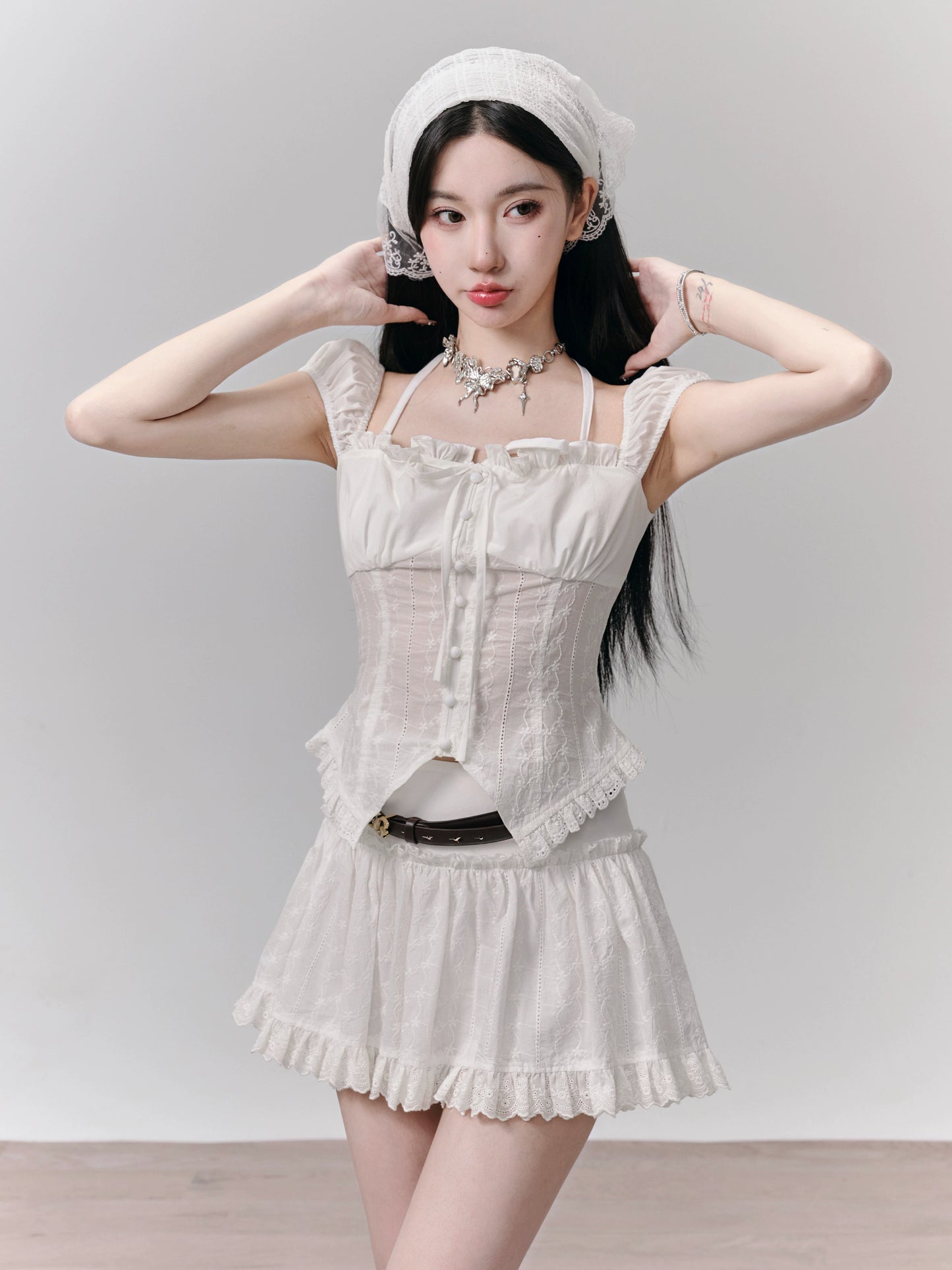 Lace cotton pure white top + short skirt