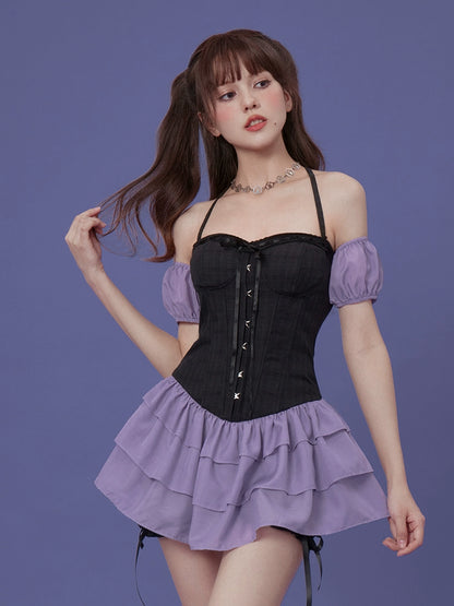 SagiDolls Girl Fighting Spirit Concert God Skill# Grape Milk Candy # Black Purple Cake Dress Three Piece Set for Summer