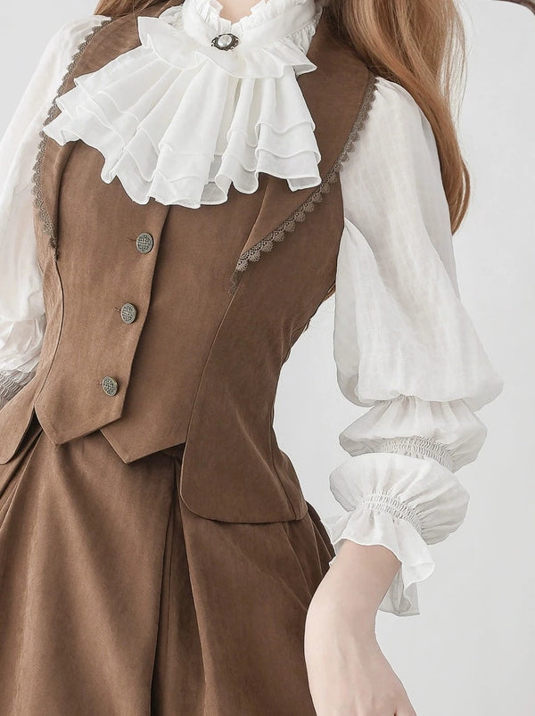 Classical retro blouse + colored vest + flared long skirt