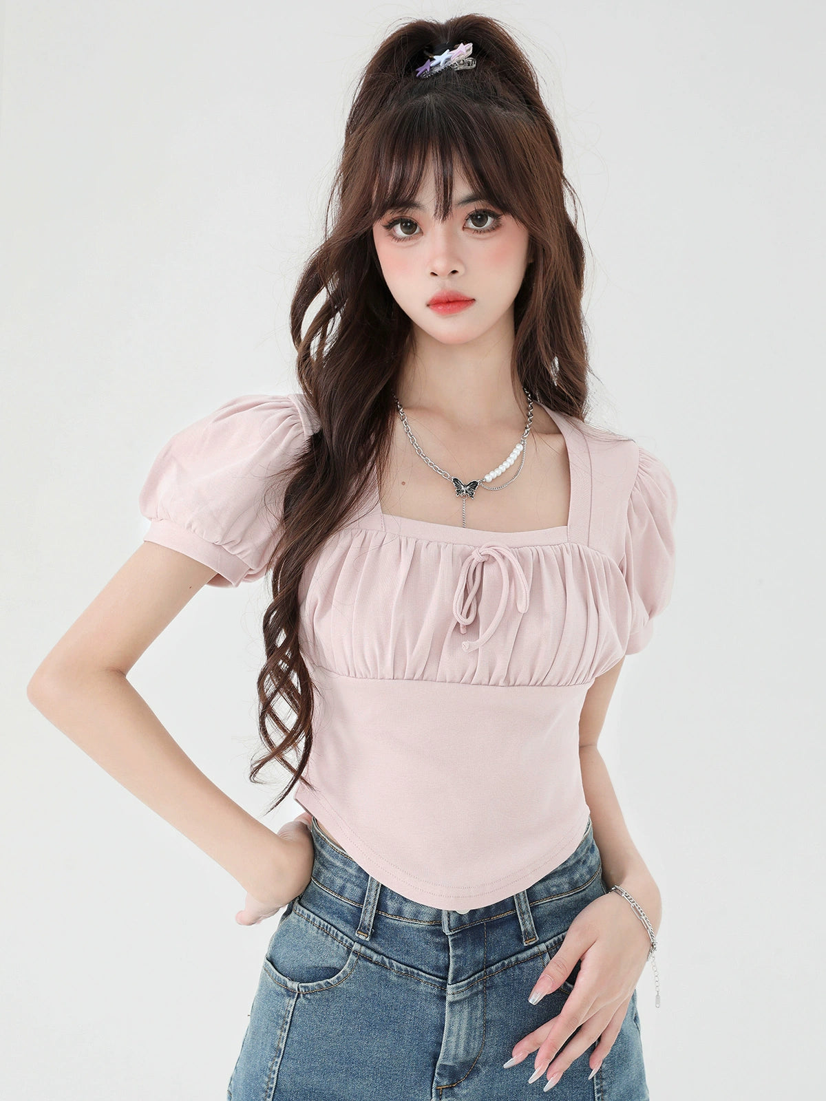 Puff Sleeve Square Neck Short Top