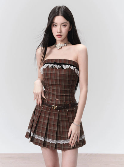 Spot] Fragible Shop, Latte Cocoa, American Retro Plaid Bandeau College Style Two-Piece Set