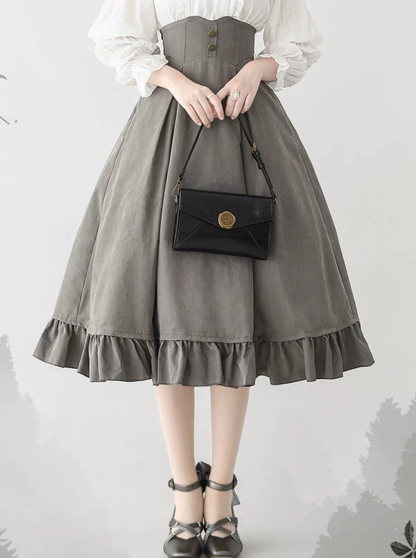 Classical retro blouse + colored vest + flared long skirt