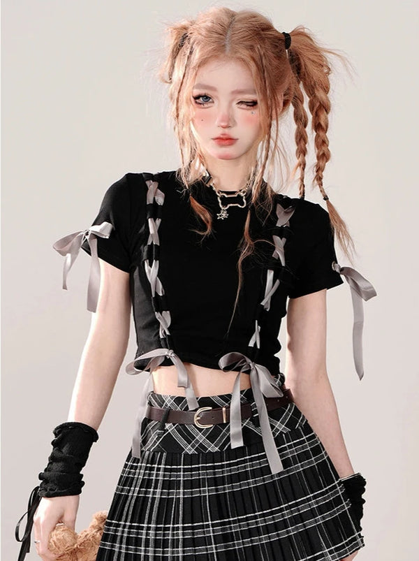 ラブノットブラックリボンデザインショートTシャツ